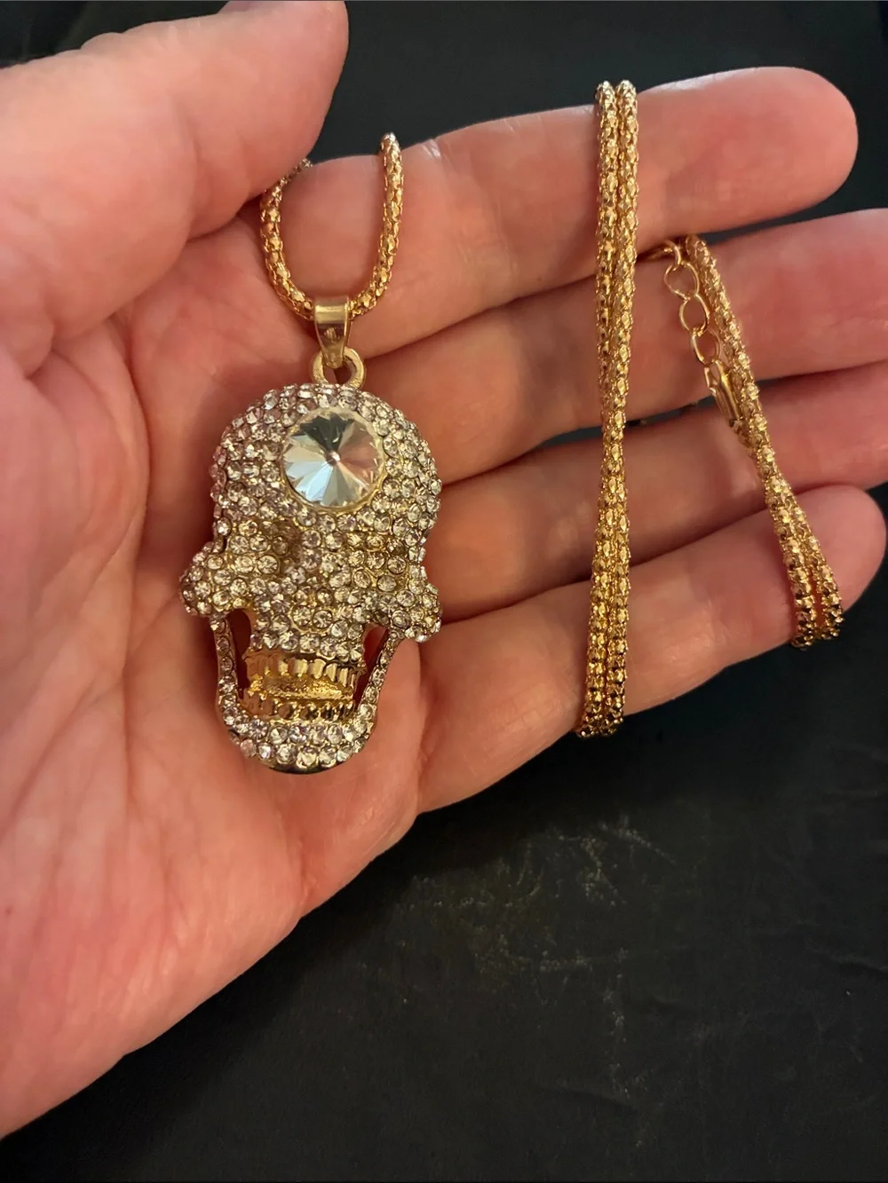 Crystal Gold Tone Skull Pendant Necklace